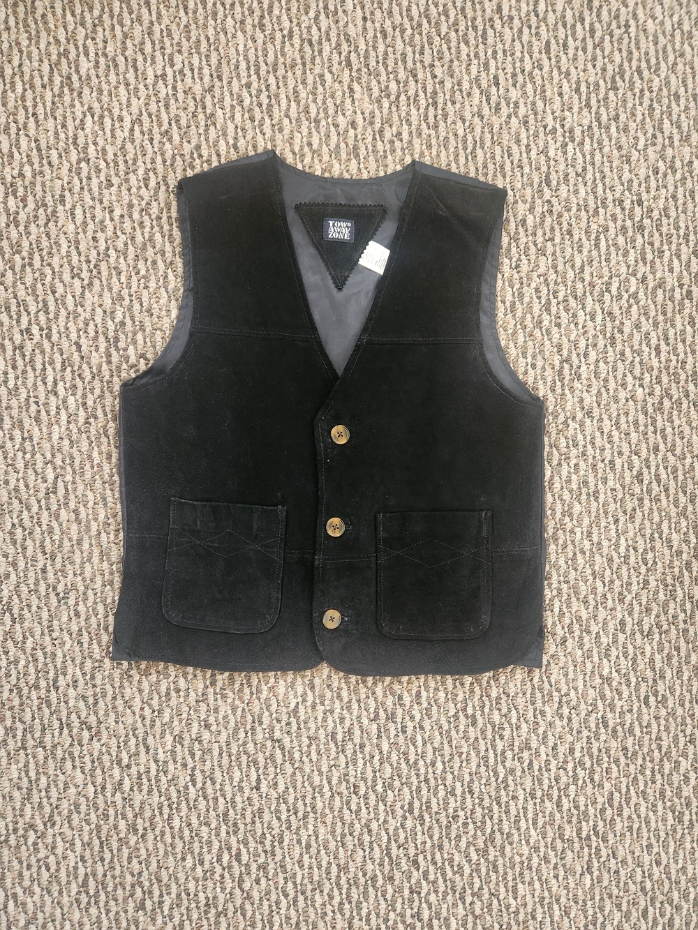 Vintage Tow Away Zone Black Suede Vest - Men's Classic Button Front Large